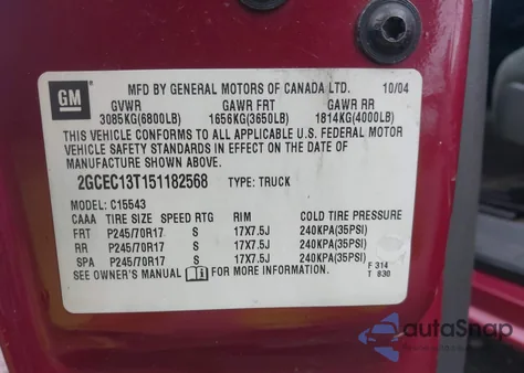 2005 Chevrolet Silverado 1500 Ls z USA, uszkodzony, nr VIN 2GCEC13T151182568